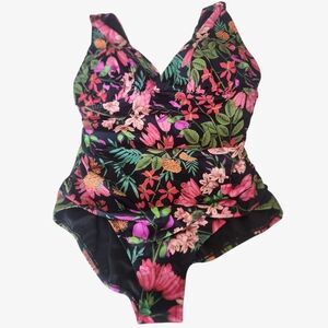 Time and Tru One Piece Plunge Black Floral Swimsuit Size 1X (16W-18W) NWOT